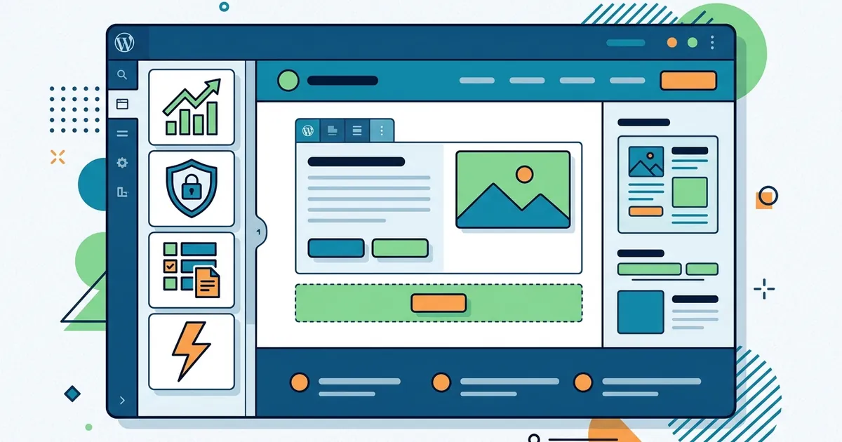 Flat vector illustration of essential WordPress plugin icons integrating into a website layout with geometric shapes and clean design.