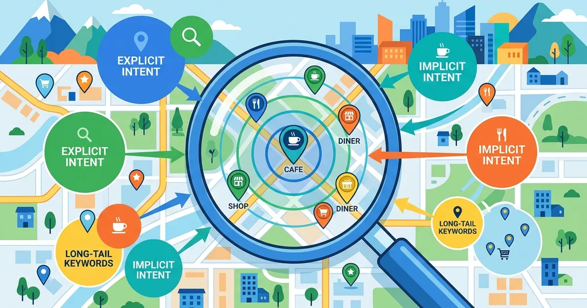 Flat vector illustration of a magnifying glass over a local map with keyword circles of varying sizes representing explicit, implicit, and long-tail search terms.