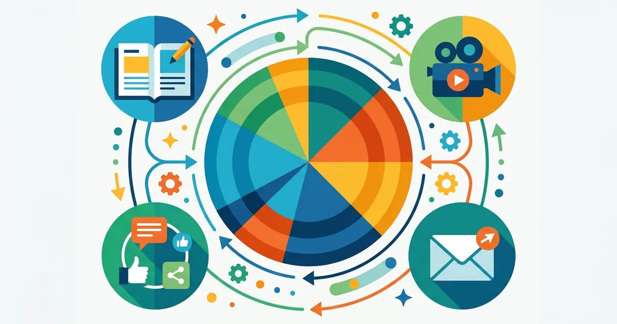 Flat vector illustration of a colorful pie chart with geometric shapes representing different content marketing budget allocation channels.